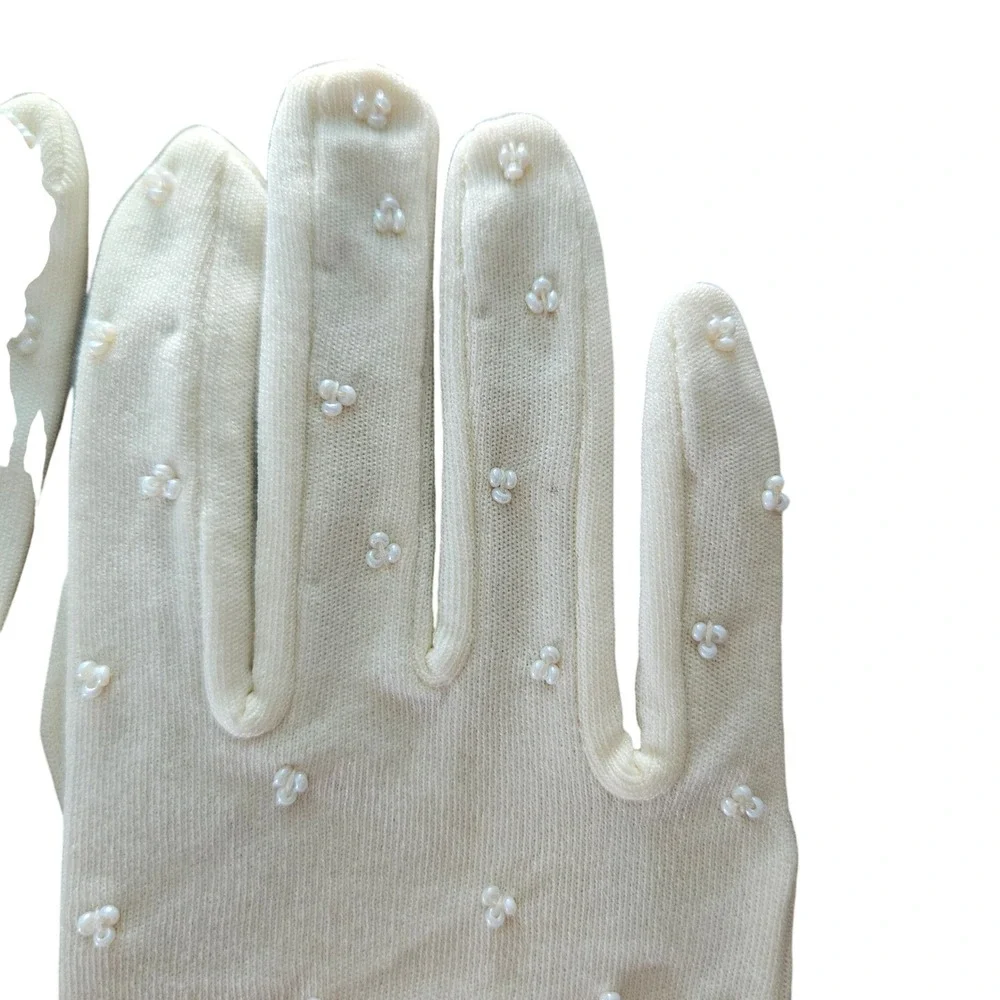 Vintage Cream Beaded Floral Stretch Nylon Gloves Faux Pearl Bridal Formal NEW